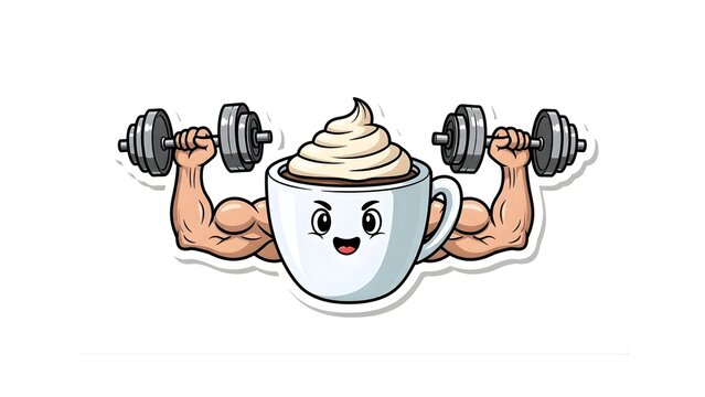 Energetic Coffee Cup Character Flexing Biceps and Holding Dumbbells, Illustrating Strength and Motivation