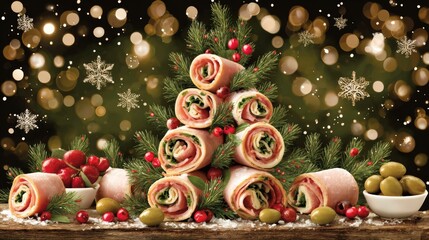This Christmas tree appetizer made with ham, cheese, olives, and tomatoes is very delicious