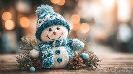A cute snowman, complete with a blue hat and scarf, sits on a snowy wooden surface in the outdoors