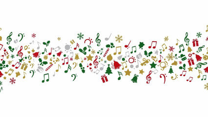 Christmas themed musical notes and holiday icons scattered across a white background creating a festive border