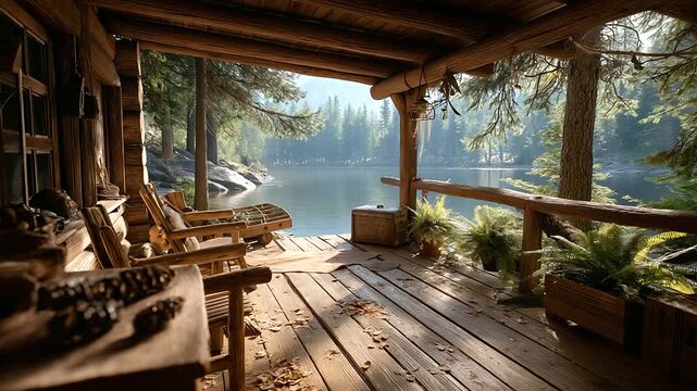 Mountain cabin porch, angler cleaning gear by lake, stringer with fish visible, pine scent atmosphere, peaceful retreat, with copy space