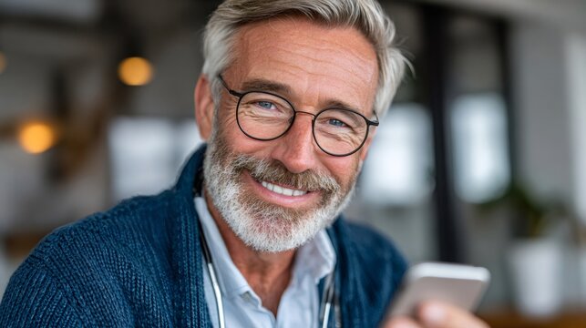 Senior doctor holding phone and smiling at camera