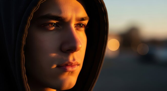 Thoughtful youth in hoodie illuminated by golden light