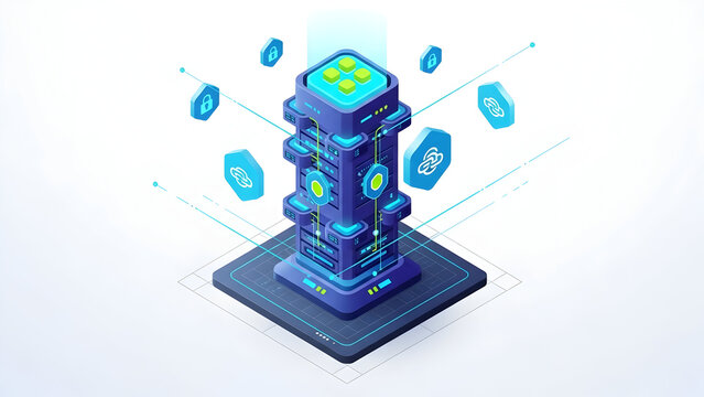 Isometric illustration of a futuristic data server rack, symbolizing advanced concepts in cybersecurity, cloud computing, and big data processing technology