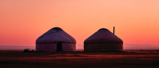 Sunset landscape with traditional yurts in mongolia travel destination scenic view asia