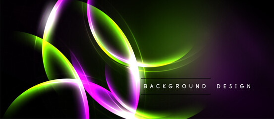 Abstract neon lights create flowing shapes. Green, purple hues dominate dark background. Modern design element.