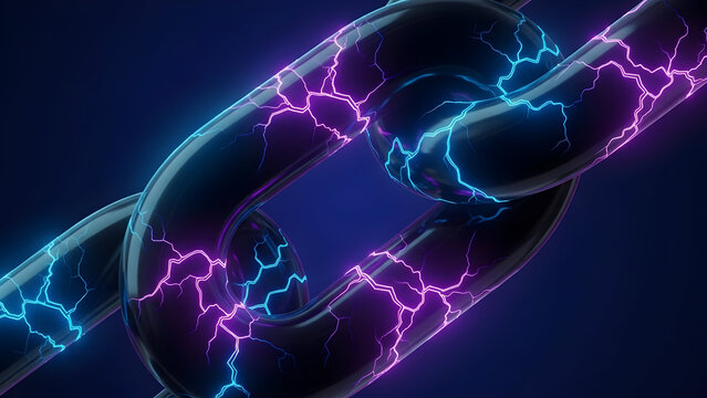 Digital chain links glowing with vibrant blue and purple energy, representing connectivity and innovation