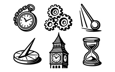 Vintage timekeeping icons: clock tower, gears, compass, hourglass, sundial, pendulum