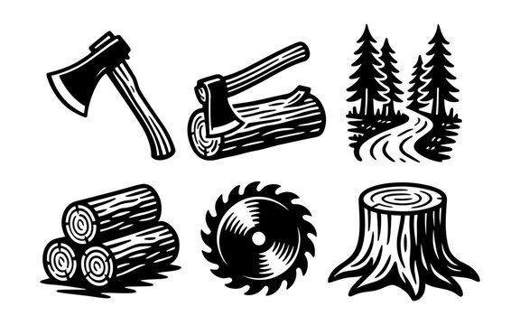 Black and white woodcut style icons: axe, logs, saw blade, forest path, tree stump