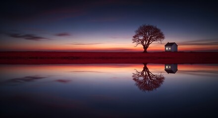 Quiet house and bare tree reflecting on still water at sunset
