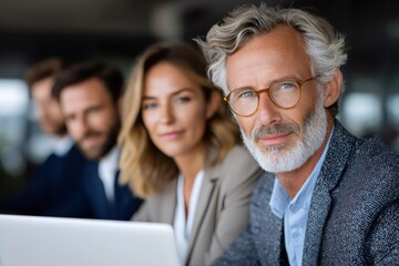 Senior man in eyeglasses participating in office meeting