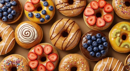 Indulge your cravings with these delicious donuts topped with fresh fruit and colorful sprinkles, perfect for a sweet treat or a fun party spread that everyone will love