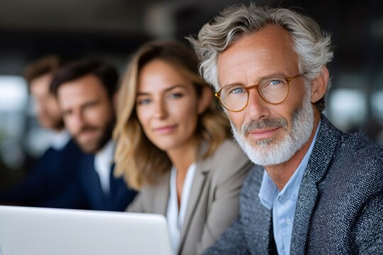 Senior man in eyeglasses participating in office meeting
