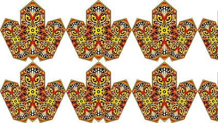 Pattern of stylized floral designs in hexagonal shapes with red yellow and black on a white background
