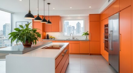 Modern kitchen with vibrant orange cabinetry and sleek island overlooking city skyline, perfect for stylish living and contemporary design inspiration