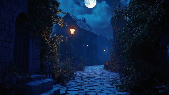 Video A dark alley with a stone path leading to a house at night
