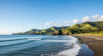 Scenic coastal landscape with green hills ocean waves and blue sky