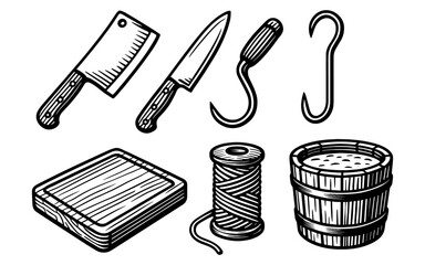 Vintage butcher tools collection: cleaver, knife, hooks, cutting board, barrel, string in hand drawn style