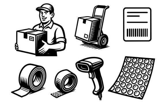 Delivery and packaging essentials in retro woodcut style for e-commerce and shipping