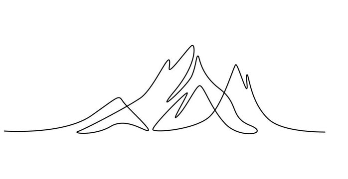 Animated self drawing of One continuous line drawing of mountain range landscape. Top view of mounts in simple linear style. Adventure winter sports concept isolated on white background. 