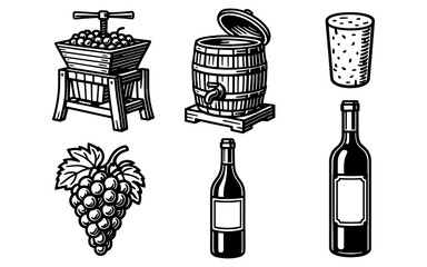 Naklejka premium Rustic wine making elements with barrel, bottles, grapes, and press illustration