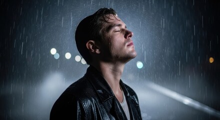 Contemplative man in a leather jacket standing in the rain at night