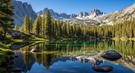 Majestic mountain lake with reflections and pine trees