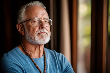 Senior man meditating eyes closed finding inner peace