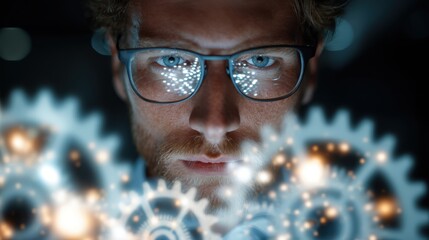 Focused male professional examines illuminated mechanical components with intense concentration