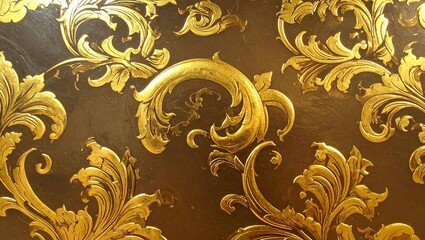 A close up of a golden baroque pattern on a dark background with intricate details and ornate designs
