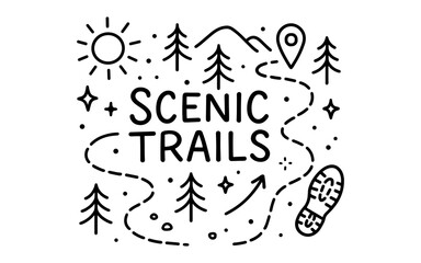 Obraz premium Scenic trails outline design with nature elements and symbols