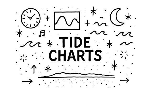 Hand drawn tide chart elements with waves, moon, and stars