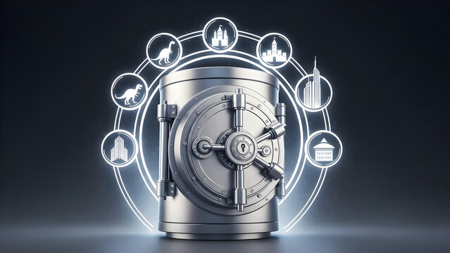 Digital assets protected within a gleaming futuristic vault, symbolizing robust data security and the comprehensive safeguarding of diverse valuable information concepts