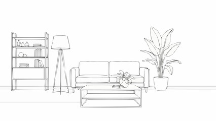 Interior sketch featuring a sofa, bookshelf, floor lamp, coffee table, and potted plants in a room