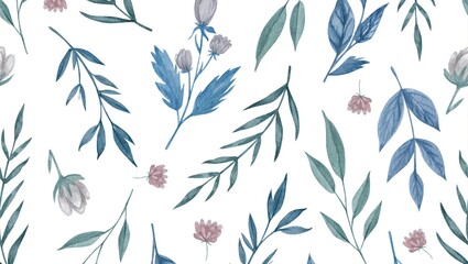 Watercolor floral pattern featuring blue and green leaves and small flowers on a white background
