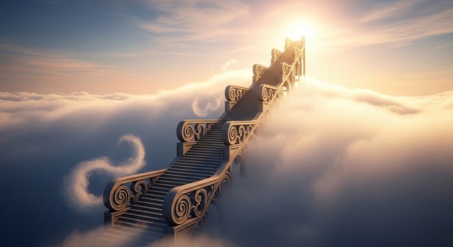 Mystical Stairway Ascending Skyward Above Clouds to Sunlight
