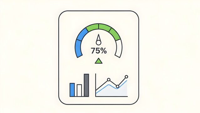 Digital business analytics icon with a 75% progress gauge, bar chart, and line graph, for data visualization, financial reporting, and performance tracking dashboards