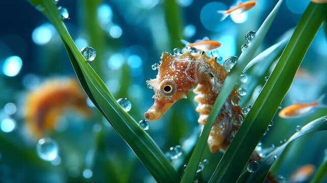 Close up of tiny seahorse clinging to sea grass with small fish nearby, delicate underwater macro, dreamy bokeh, with copy space