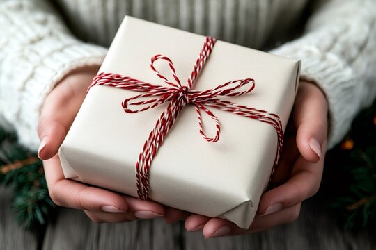 Hands holding gift box with red bakers twine