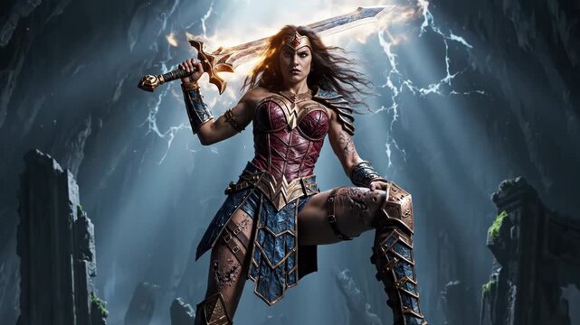 Powerful female warrior in armor holding a glowing sword while standing on a mossy rock in a dark, stormy cavern