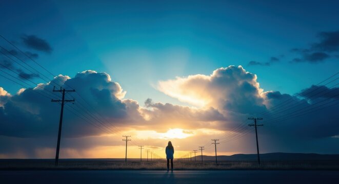 Woman looking at a hopeful sunset over a long empty road - Powered by Adobe