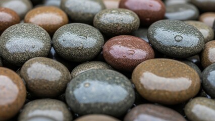 Tranquil collection of smooth wet stones for wellness and spa designs, perfect for conveying peace, relaxation, and grounding in your projects