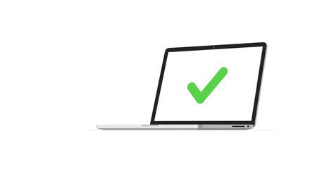 Modern laptop displaying a bold green checkmark, symbolizing success, approval, or task completion in a clean, digital aesthetic perfect for business visuals