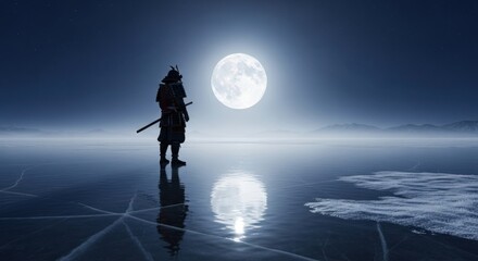Warrior on frozen lake under a majestic full moon and starry sky
