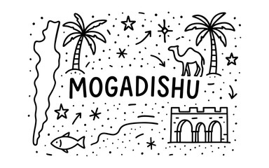 Doodle art of mogadishu landmarks with palms and camel