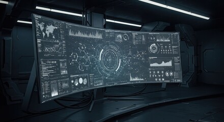 Immersive futuristic control panel interface displaying complex data and world map for high tech analytics and advanced monitoring in a sleek, modern setting