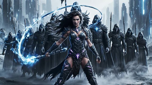 Powerful sorceress in dark armor casting blue electric magic surrounded by mysterious hooded figures in a desolate city