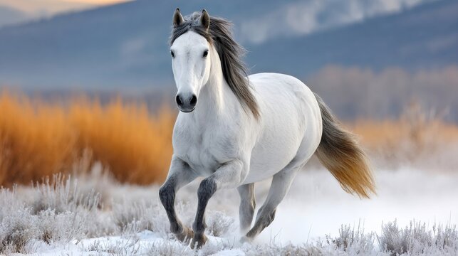 White horse galloping freely through a snowy winter landscape