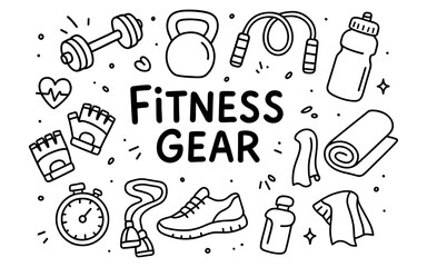 Hand drawn fitness gear doodle featuring exercise essentials and accessories