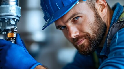 Professional man worker adjusting industrial pipe valve